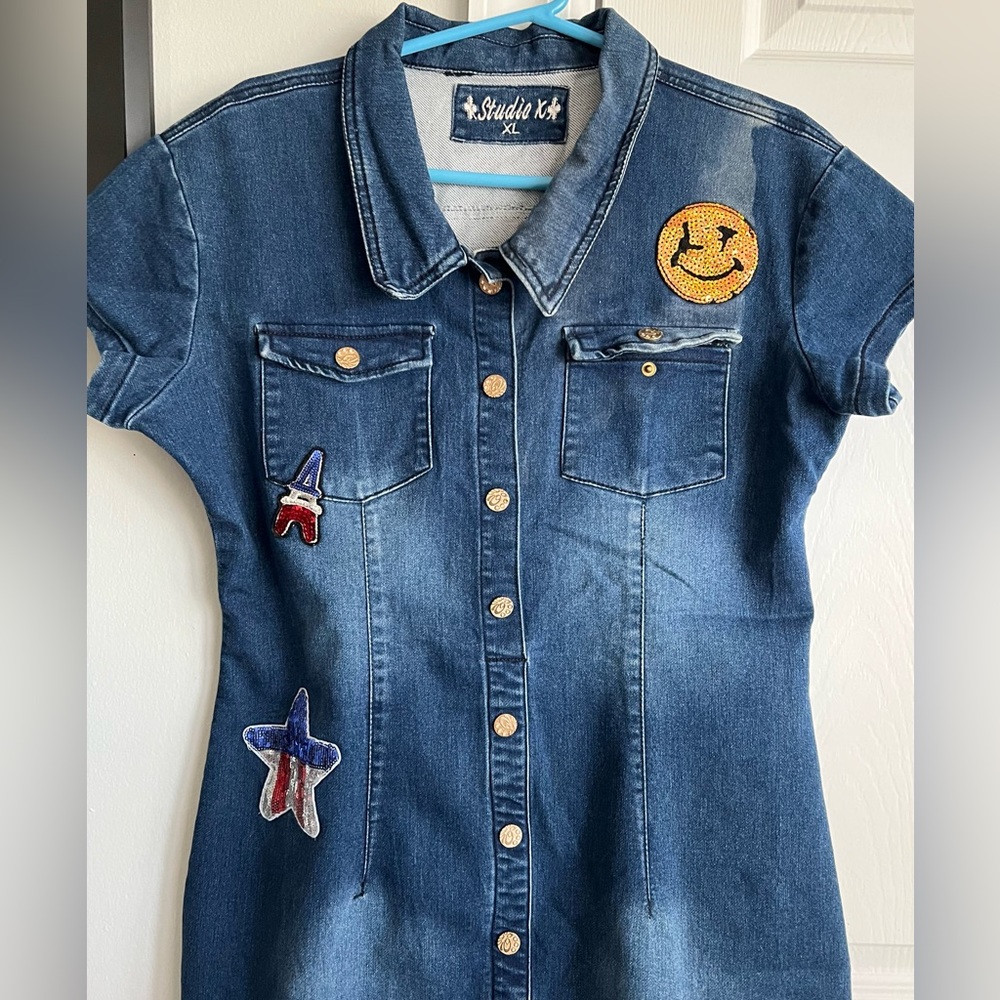 Vintage Denim Dress with Patches
